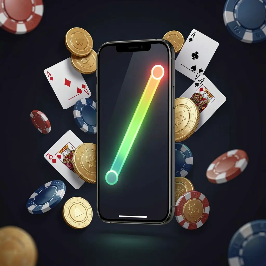 Smartphone showing RP6 casino app installation with glowing progress bar, surrounded by coins, chips, and cards on a dark background