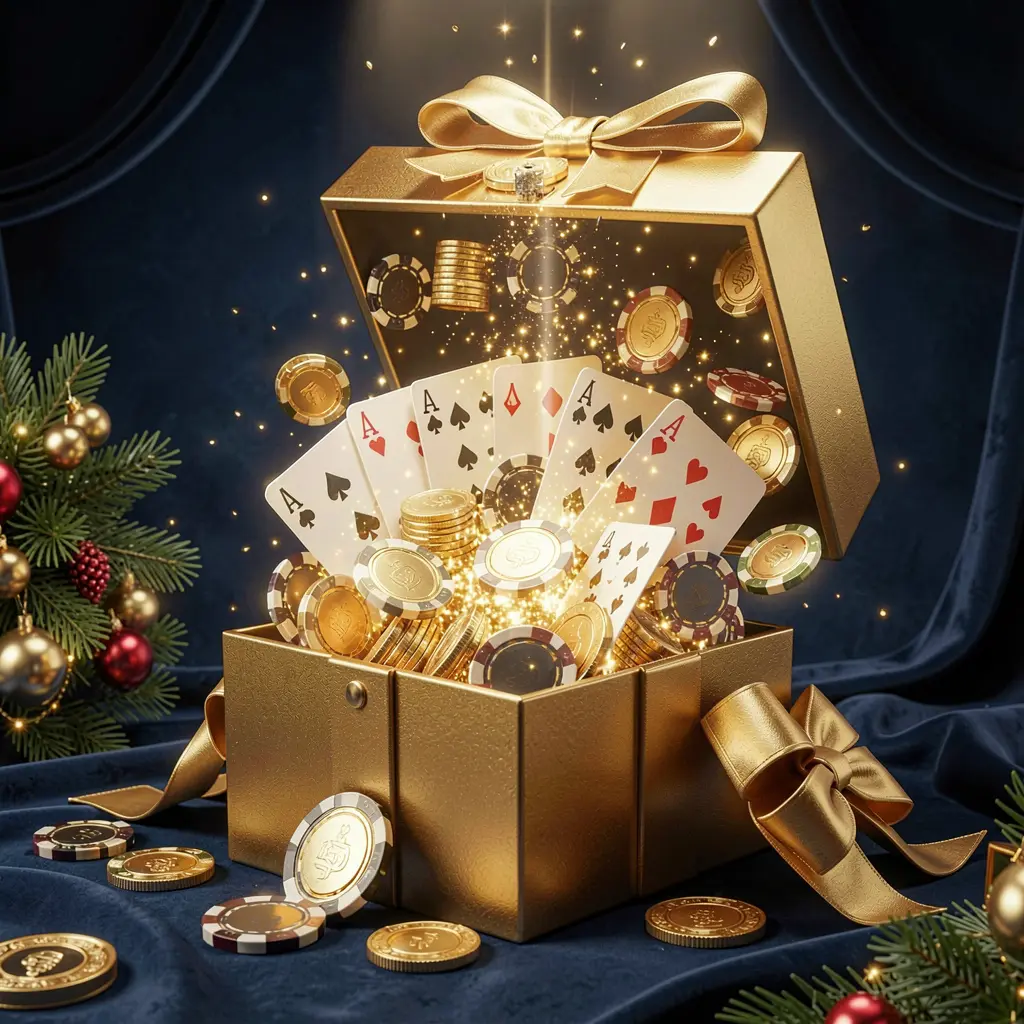 RP6 online casino luxurious welcome bonus scene with an open golden gift box bursting with casino chips, playing cards, and sparkling coins against a premium dark blue and black background in an elegant festive mood