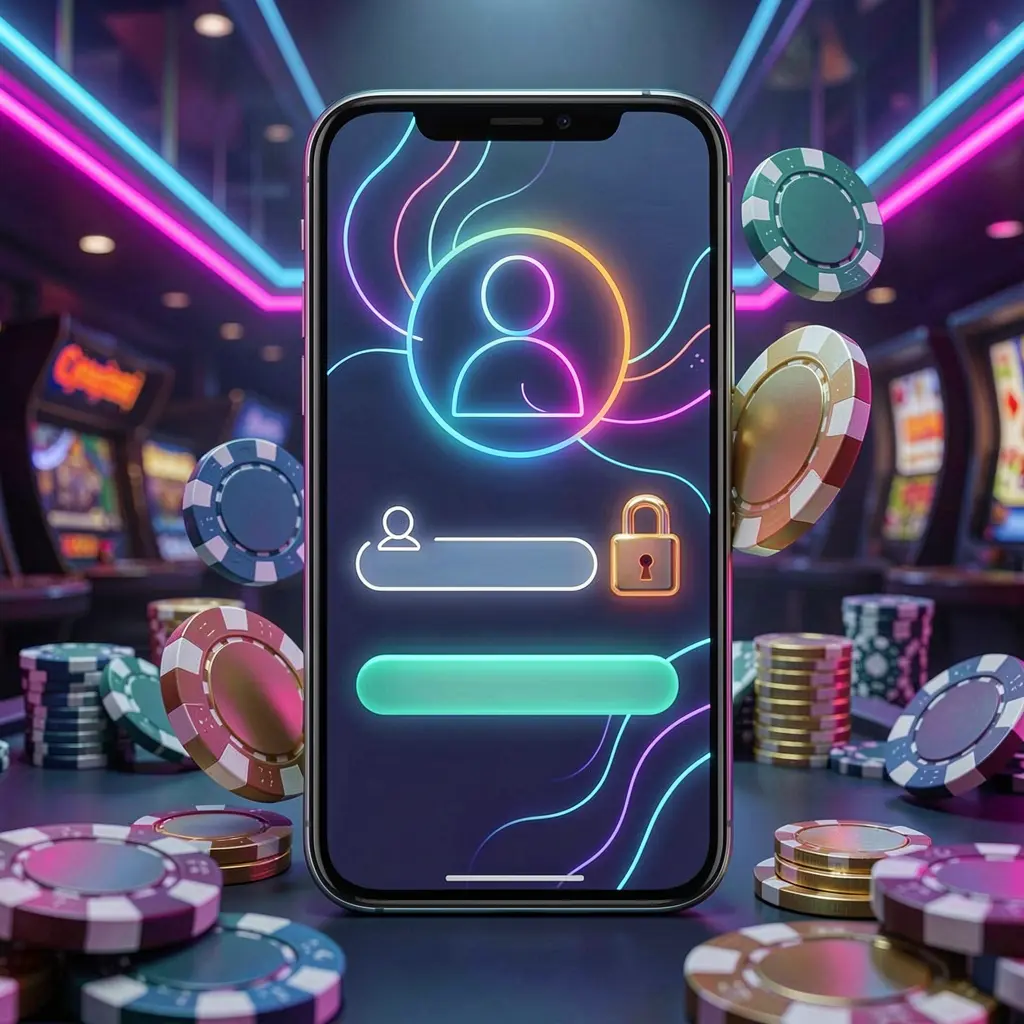RP6 mobile gaming login page concept showing a smartphone with an abstract login interface featuring user and lock icons, surrounded by casino chips and coins under luxury neon lighting