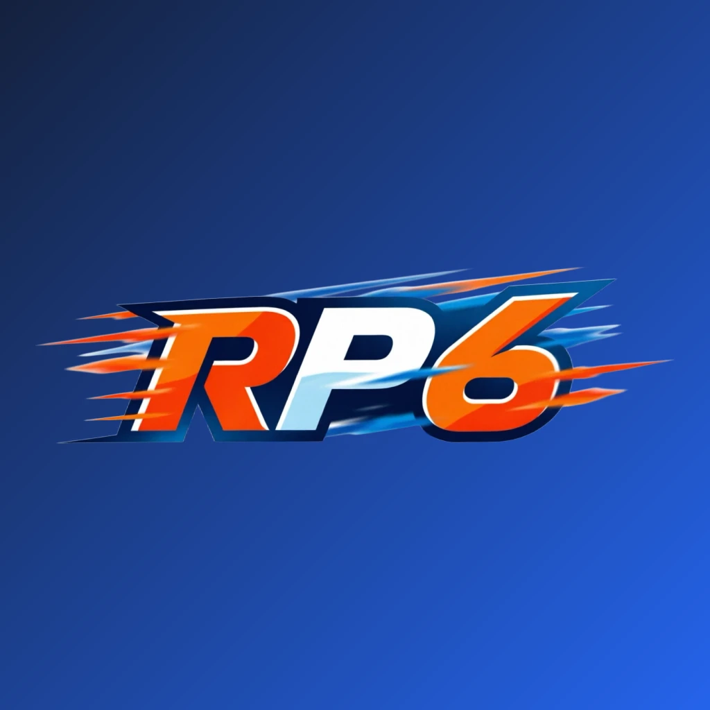 Powerful sports logo for RP6 featuring bold italic lettering in bright orange, blue, and white with speed lines and energetic motion effects on a transparent background, designed as a wide horizontal rectangular wordmark for website headers