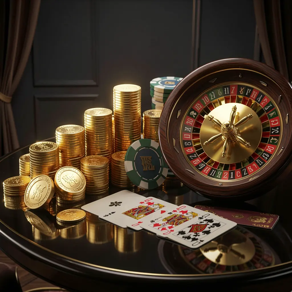 RP6 premium online casino banner featuring golden coins, glowing chips, a roulette wheel, and playing cards on a glossy table with an elegant dark background in a high detail realistic 3D render